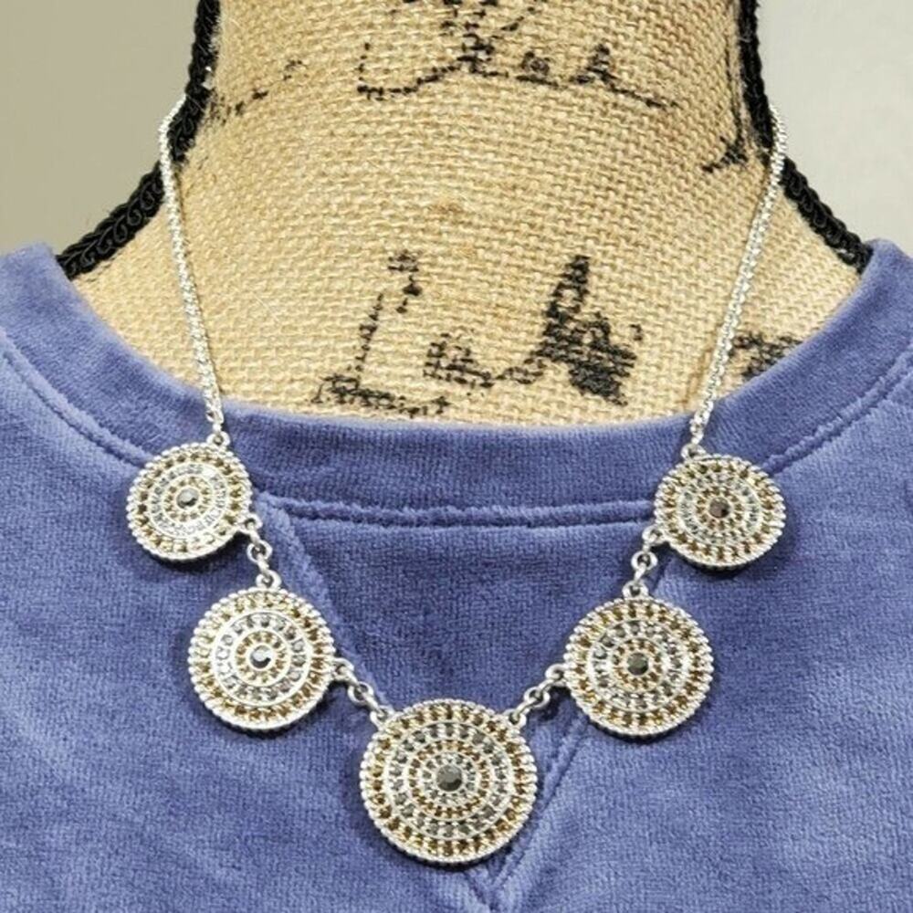 Lucky Brand Silver Tone Amber Smoke Crystal Medallion Bib Necklace Boho Chic